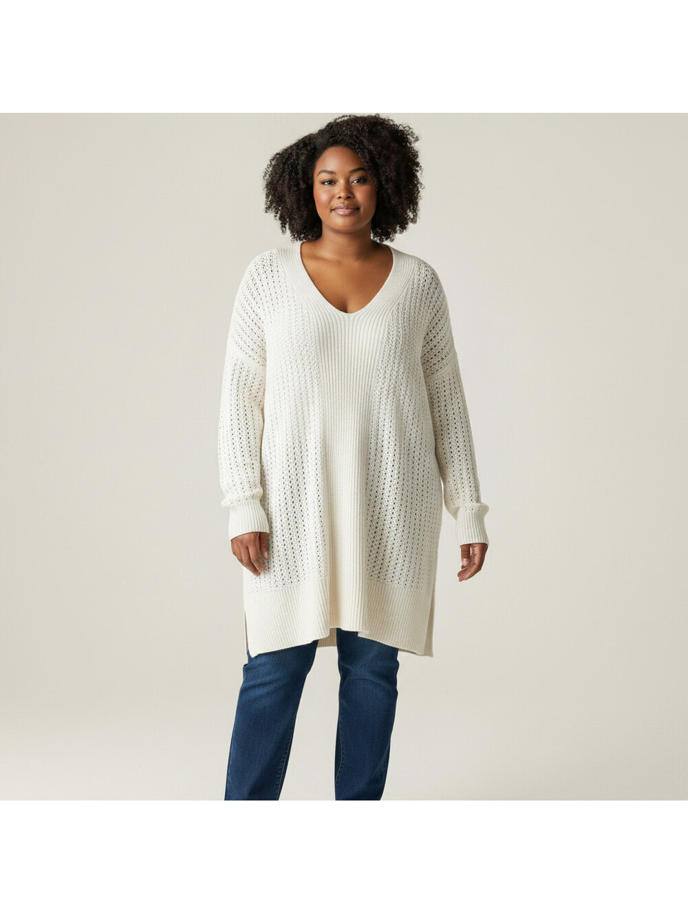 Stylus Sweater Pullover Women XL White Open Knit V-Neck Long Sleeve Soft Cotton